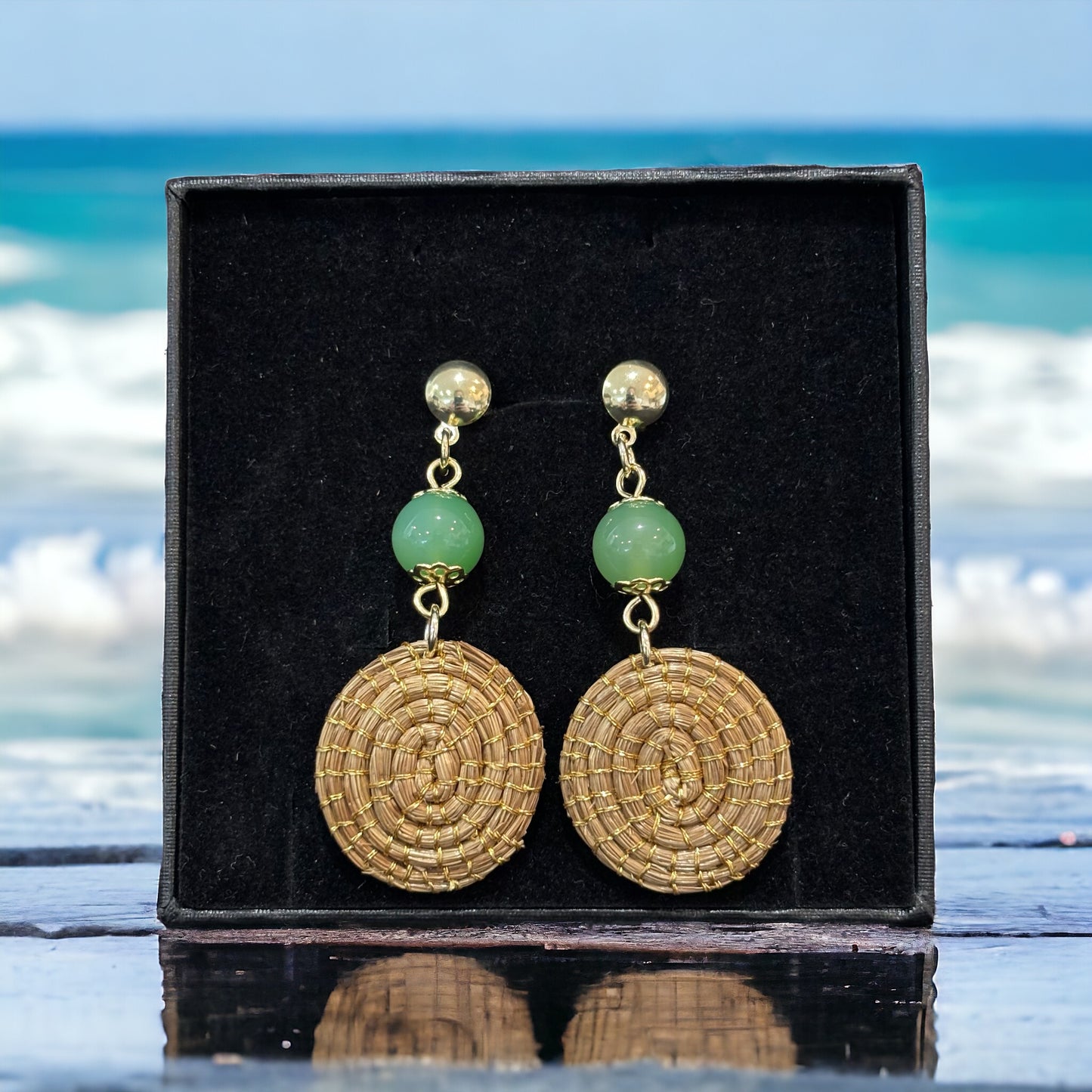 Earring gold grass with Green Agata